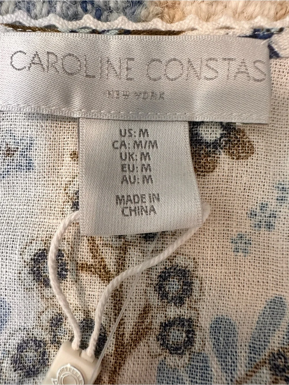 NWT Caroline Constas Romper M Linen Blnd Floral Palm White Blue Beaded Belt Chic
